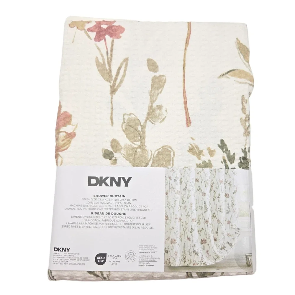 DKNY Chelsea Floral Shower Curtain Ivory Multi 72x72 Cotton Waffle Weave